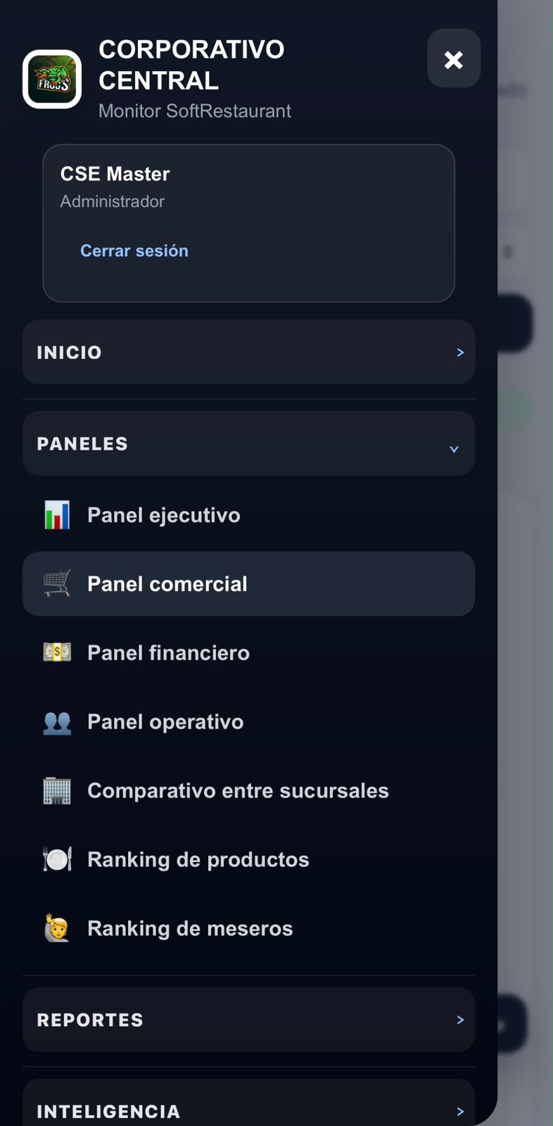 Menú móvil real de CSE Intelligence
